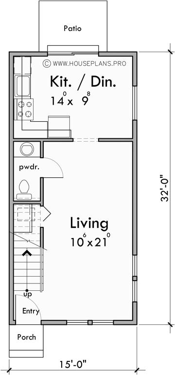 Main Floor Plan for D-341 Duplex House Plan for Your Narrow Lot - 920 Sq Ft 2 Bed Units