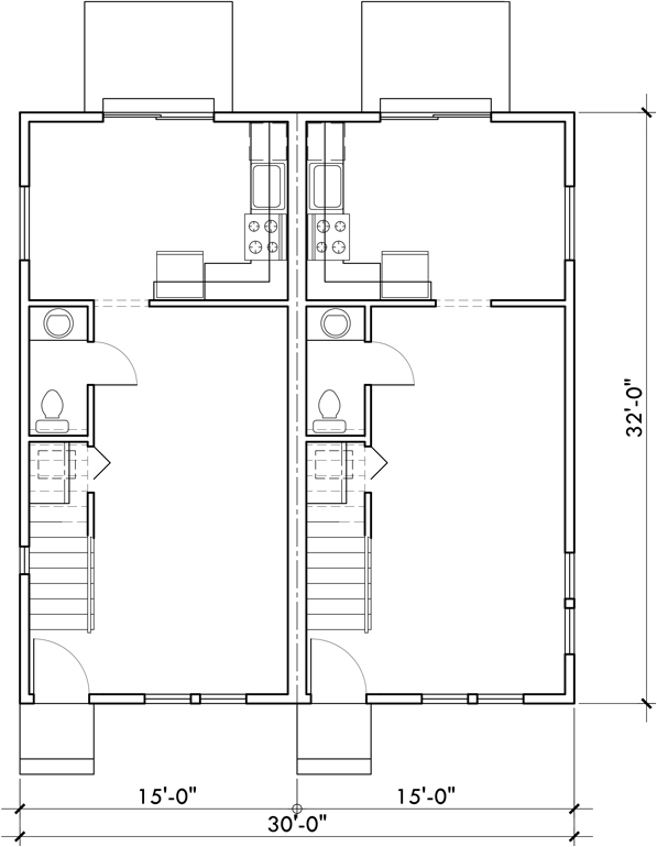 Main Floor Plan 2 for D-341 Duplex House Plan for Your Narrow Lot - 920 Sq Ft 2 Bed Units