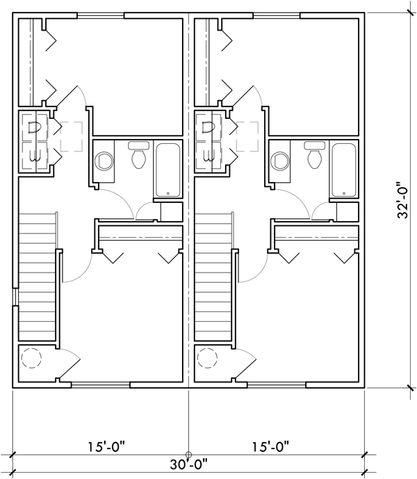 Upper Floor Plan 2 for Duplex House Plan for Your Narrow Lot - 920 Sq Ft 2 Bed Units