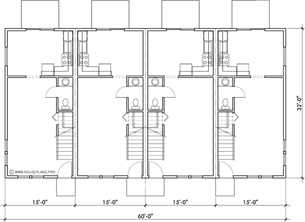 Main Floor Plan 2 for F-552 4 plex plans, townhome plans, 15 ft wide house plans, narrow lot townhouse plans, F-552