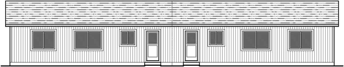 House front drawing elevation view for D-587 Duplex house plans, ranch duplex house plans, one level duplex house plans, one story duplex house plans, two bedroom duplex house plans, affordable duplex house plans, D-587