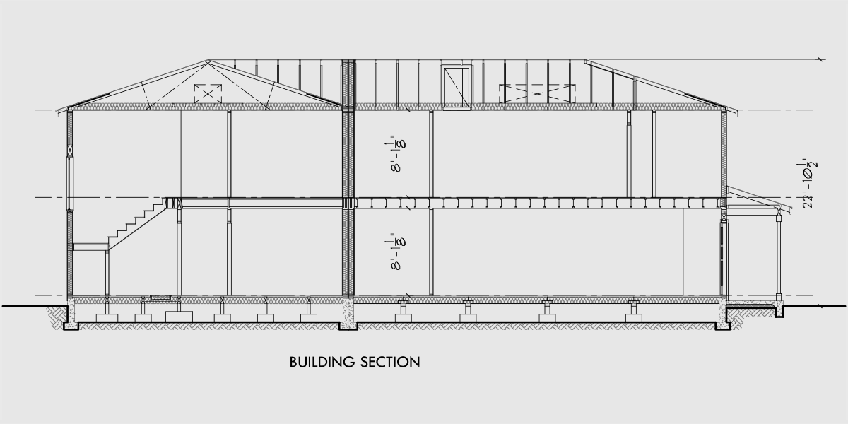 House rear elevation view for D-561 Duplex house plans, corner lot duplex house plans, D-561