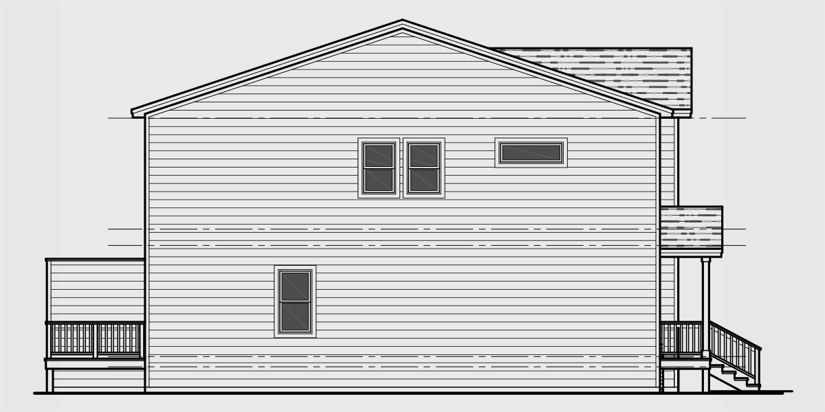 House rear elevation view for D-660 4 bedroom, main floor master bedroom, duplex house plan, D-660