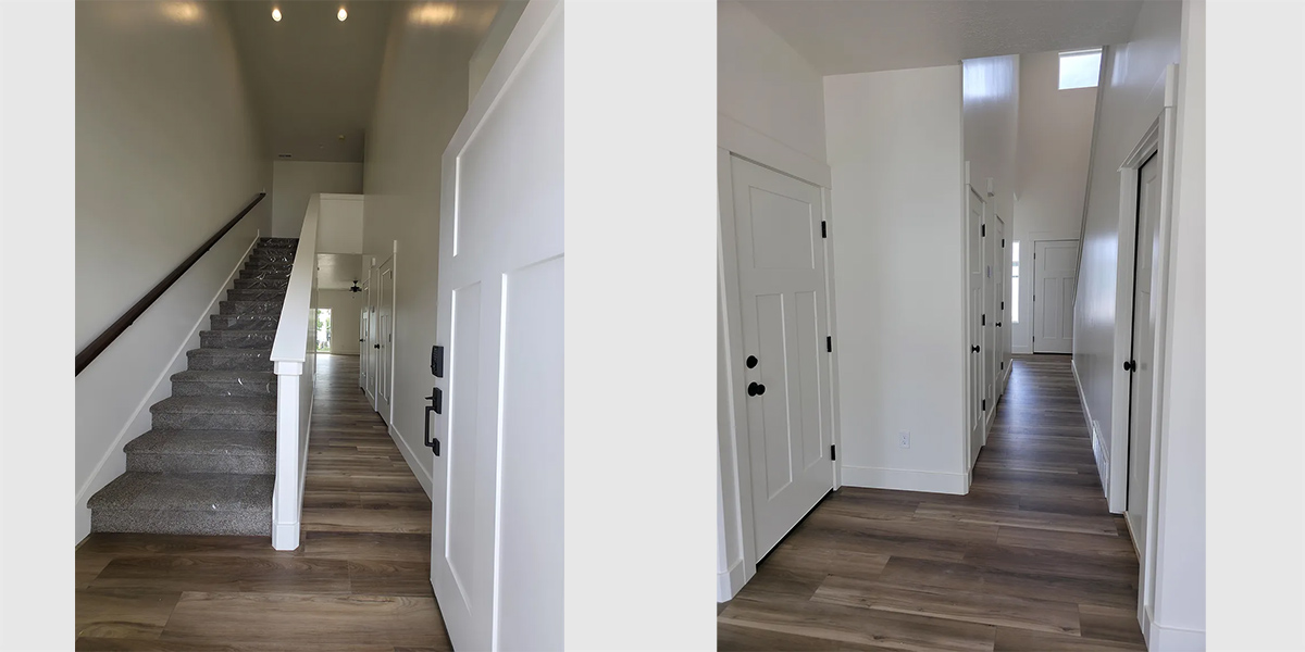 House rear elevation view for D-723 Basement duplex house plan with two car garage D-723