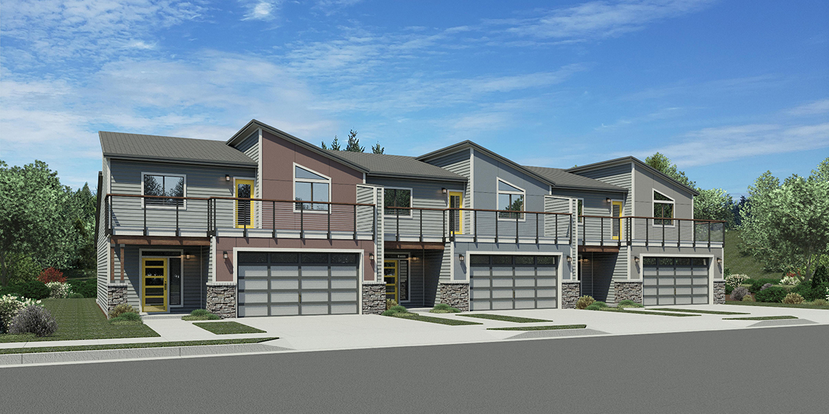 T-460 Triplex House Plan, Master Bedroom on Main Floor, Two Car Garage, T-460