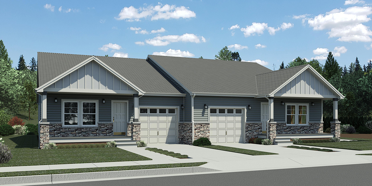 House front drawing elevation view for D-777 Wheelchair accessible, wide doorways and halls, duplex plan, D-777