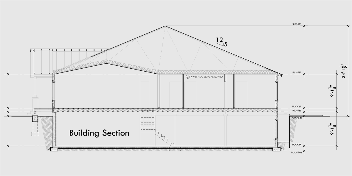 House rear elevation view for D-777 Wheelchair accessible, wide doorways and halls, duplex plan, D-777