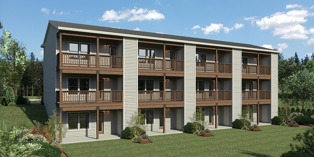 House front drawing elevation view for F-692 Town house plan, triple master, amazing decks with views F-692