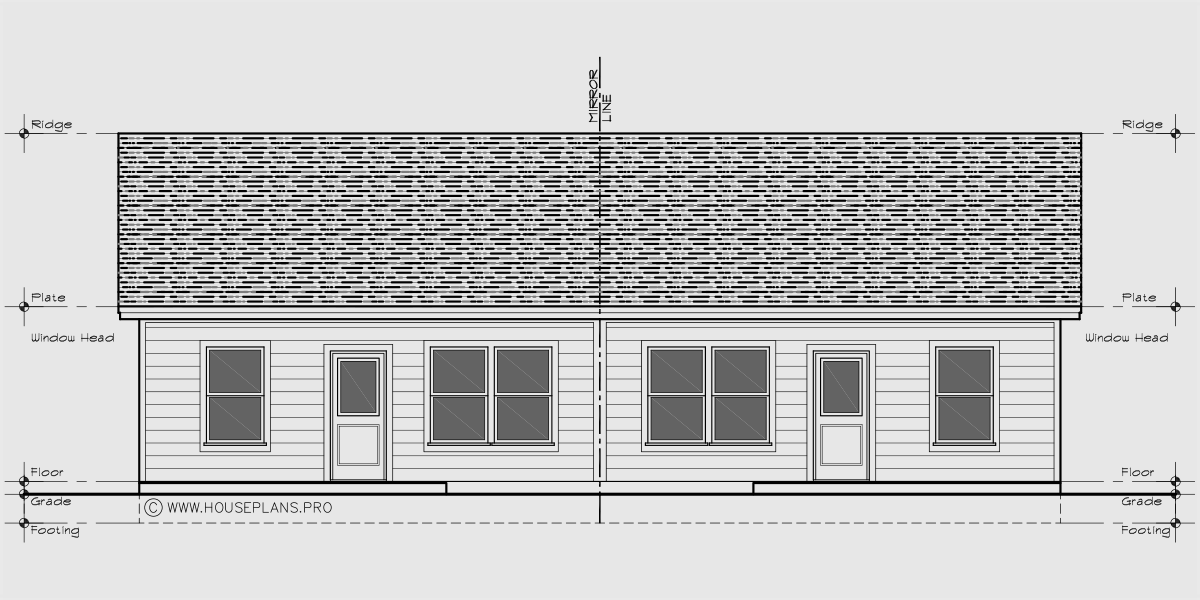 House side elevation view for D-784 Popular one level 3 bedroom duplex plan with garage 